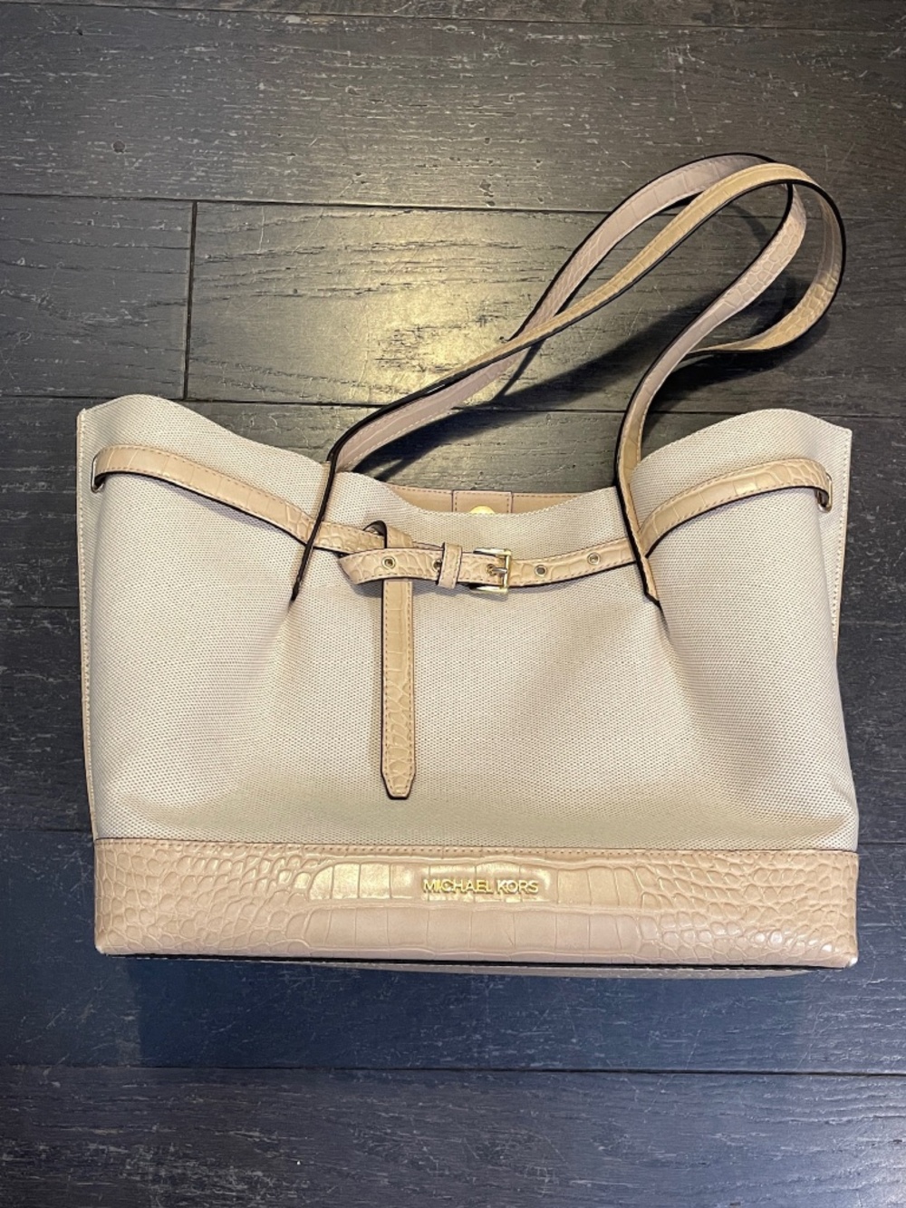 Michael Kors Emilia Large Canvas Crocodile Embossed tote bag women beige pink